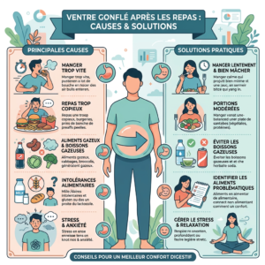 Infographic detailing causes and solutions for bloating after meals with icons and text.