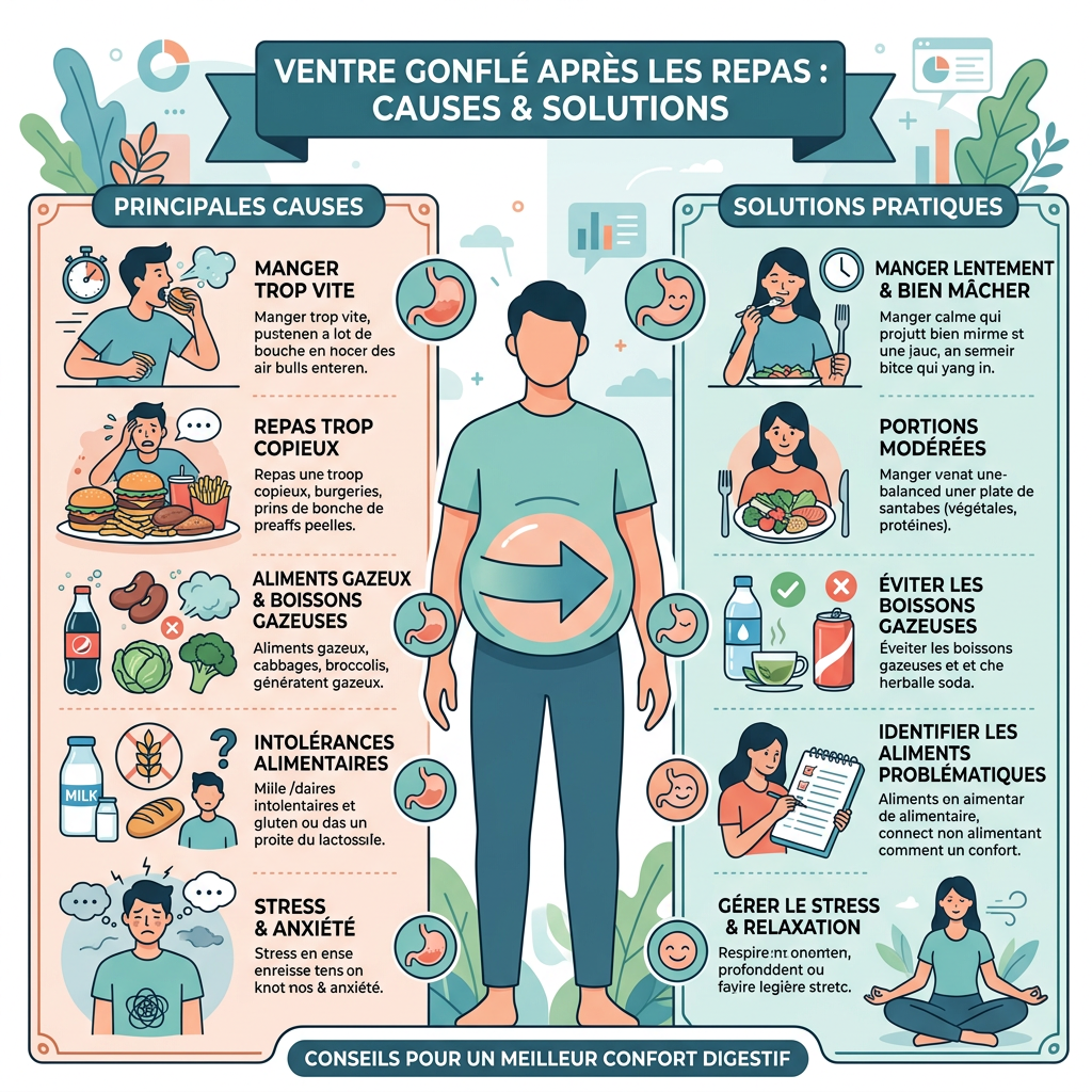 Infographic detailing causes and solutions for bloating after meals with icons and text.