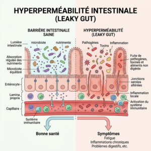Diagram showing healthy intestinal barrier with balanced microbiota and nutrient absorption contrasted with leaky gut involving pathogens, toxins, inflammation, and immune activation