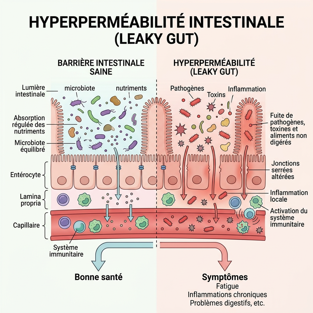 Diagram showing healthy intestinal barrier with balanced microbiota and nutrient absorption contrasted with leaky gut involving pathogens, toxins, inflammation, and immune activation