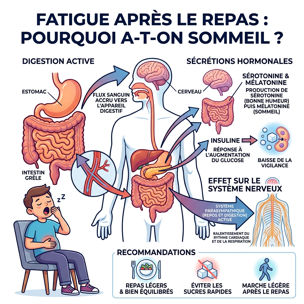 Diagram showing digestion processes, hormone secretion, and nervous system response causing sleepiness after meals