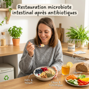 Woman eating a bowl with kefir, yogurt, fibers, prebiotics and fresh fruit for gut health