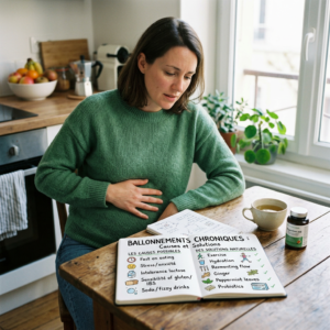Woman holding her stomach while reading a book on chronic bloating causes and natural solutions
