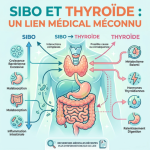 Diagram showing SIBO on the left and thyroid gland on the right with arrows indicating connection and link between them.
