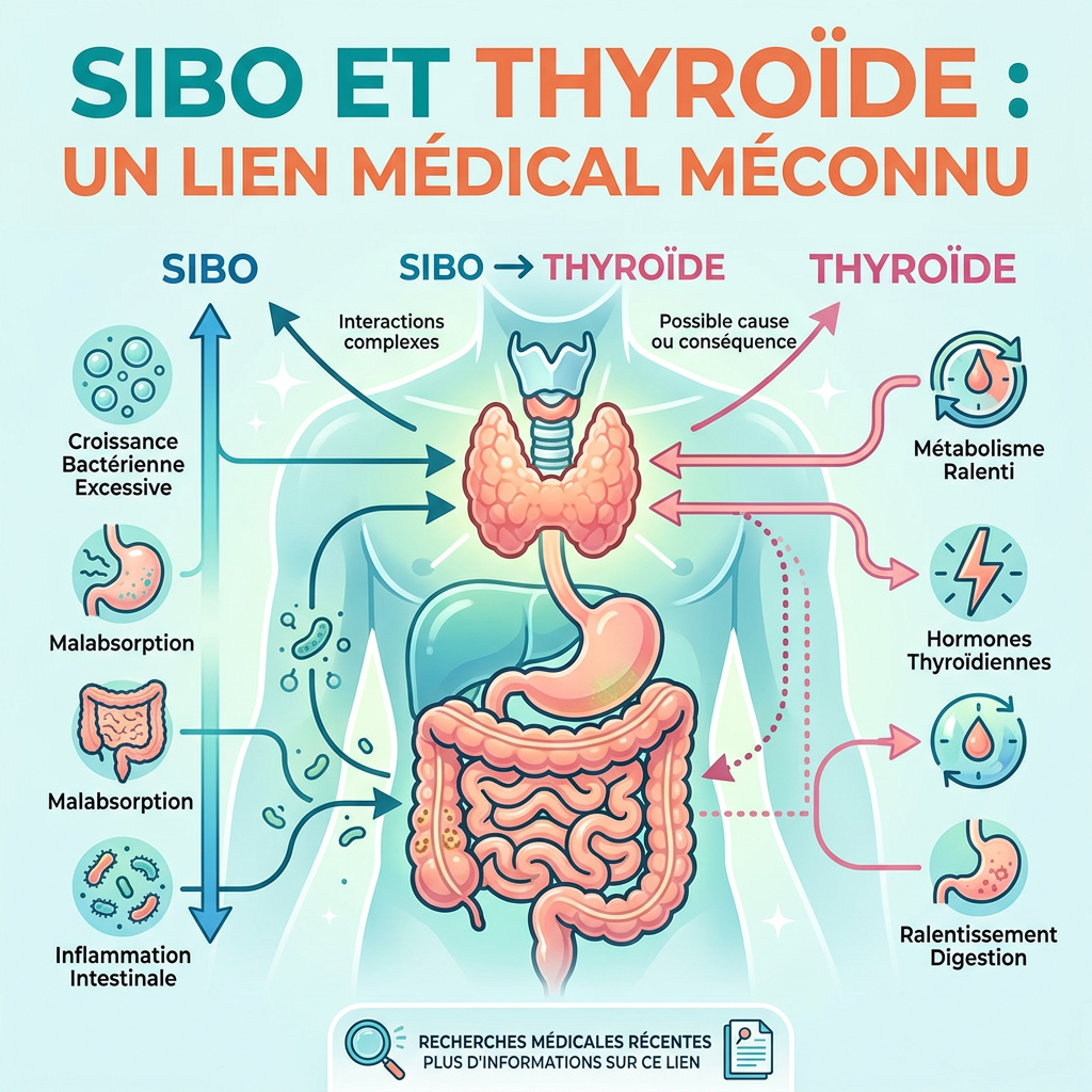 Diagram showing SIBO on the left and thyroid gland on the right with arrows indicating connection and link between them.